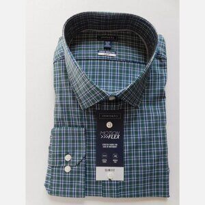 CROWN & IVY Mens LS Button Up Dress Shirt Green Blue Plaid Motion Flex Mens 2XL